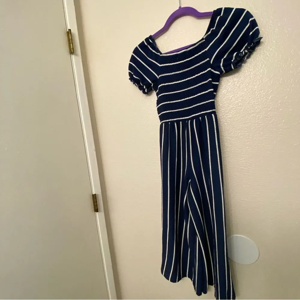 Navy blue puff sleeve wide leg smocked Striped stretchy Jumpsuit Romper 10-12